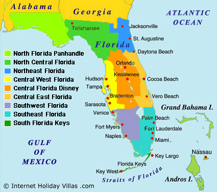 Florida map showing holiday villa rental regions