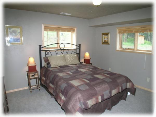 A bedroom on the lower level with queen-size bed.