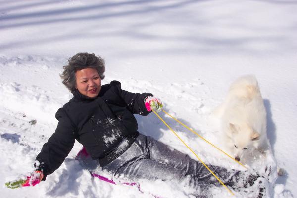 Winter fun. Kim snow boarding on 