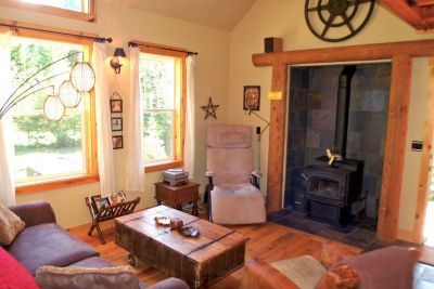 Cabin #11 living room with fireplace