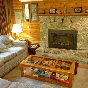 Cabin living room with fireplace