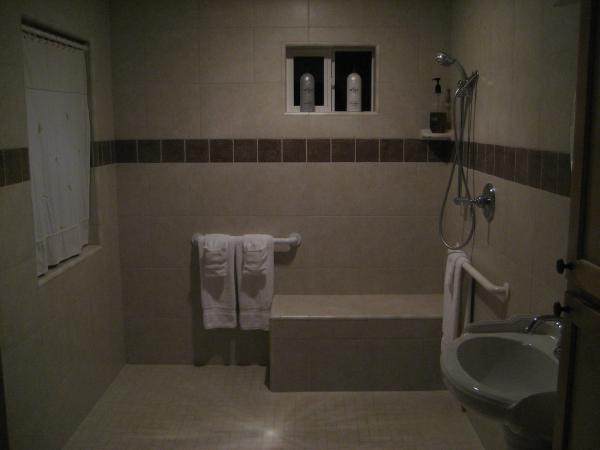 Large deluxe roll-in tiled shower in master bathrm