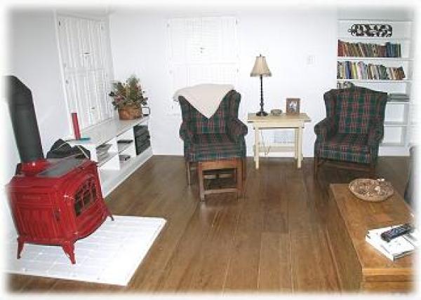 A cozy living area with woodstove