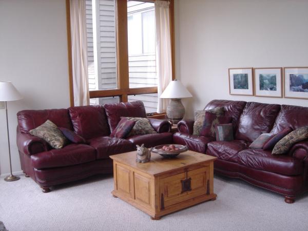 Living Area With Leather Sofas, Vaulted Ceiling 