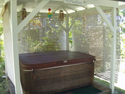Hot tub in gazebo in yard