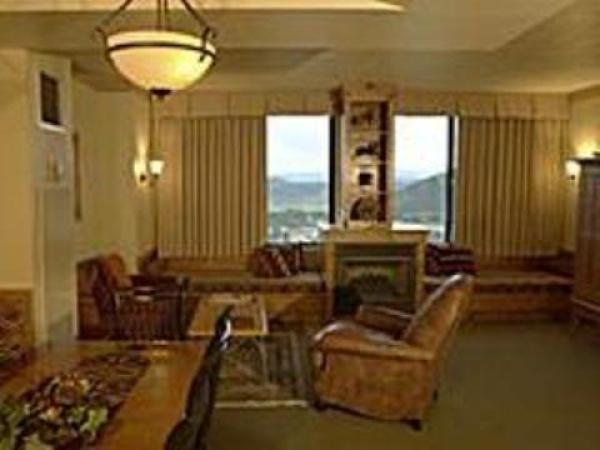 Living area with twin beds and gas fireplace