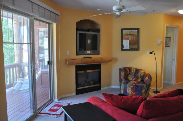 Living Room with Gas Fireplace, Private Deck