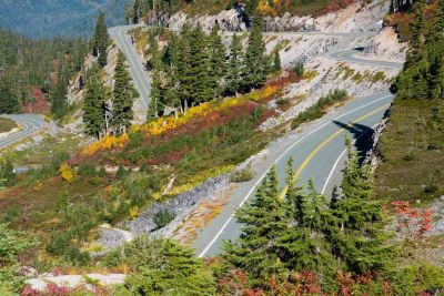 Mt. Baker Highway winding through hills in spring