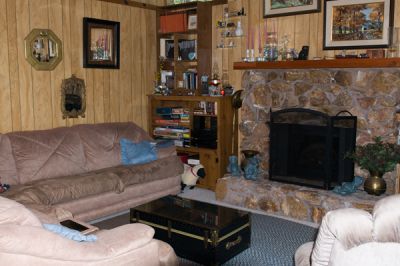 Unit A iving room fireplace, TV, VCR, DVD, books