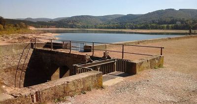 View of lake and surrounding hills