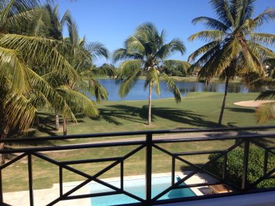 View of golf course and lake from balcony