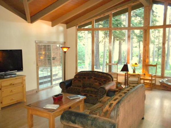 Large screen tv, wall of windows